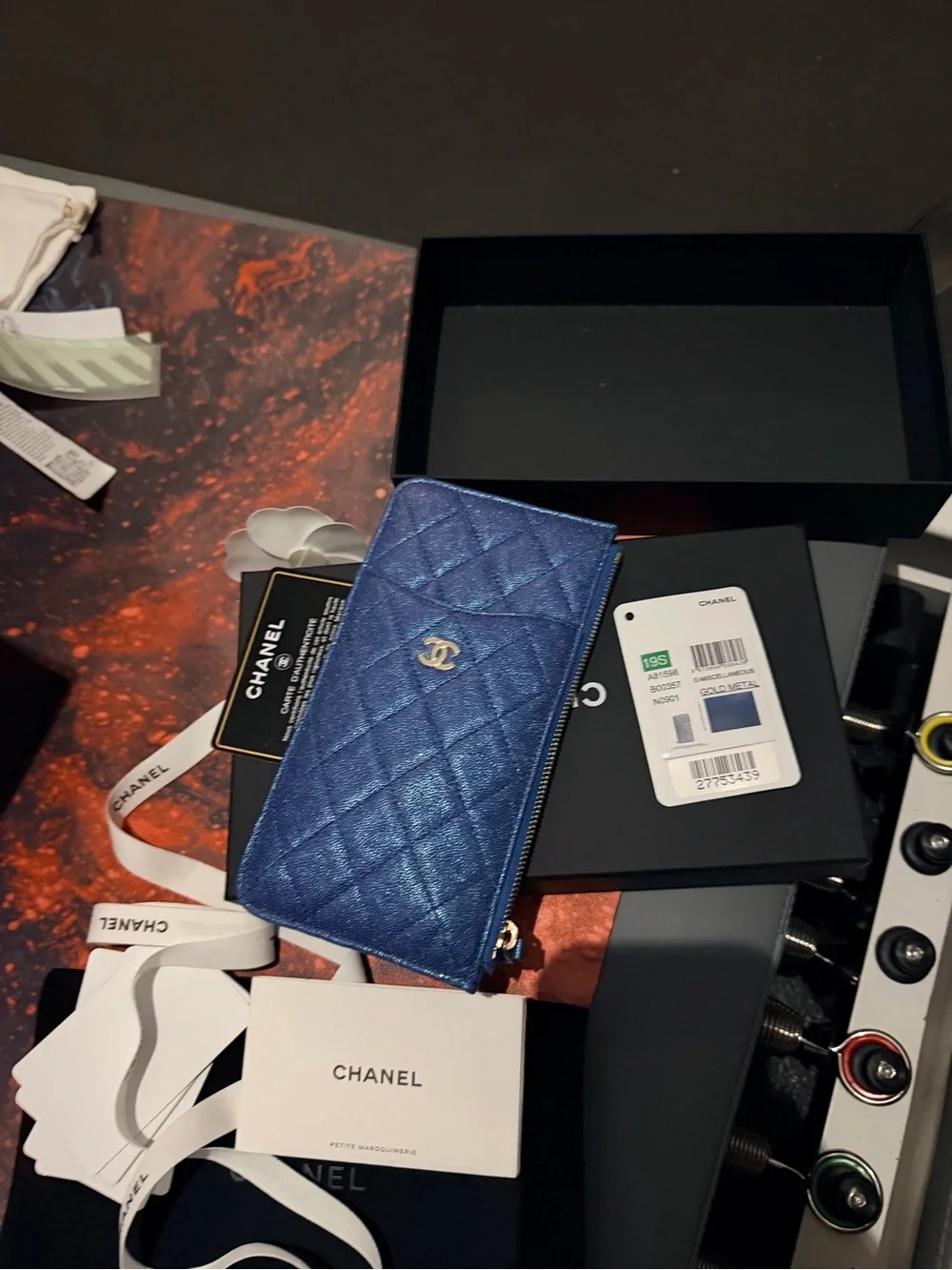 CHANEL Quilted Metallic Blue Zip Card Holder Wallet